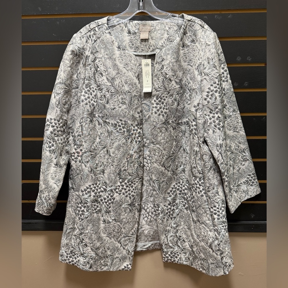 Chico’s Travelers Gray Novelty Jacket Shadow Cross Dye Size 2
